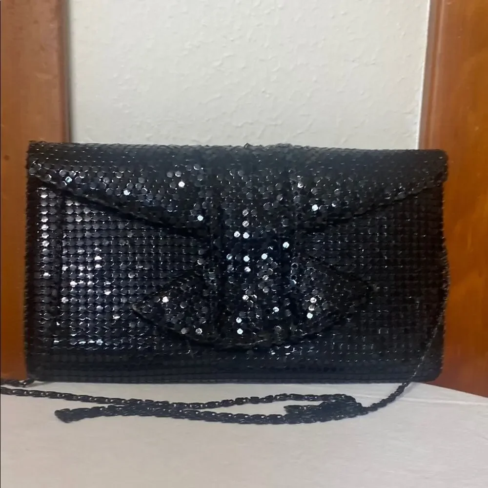 Jotta Black Aluminum Mesh Evening Bag w/ Chain Strap Bow 10x6x1 and 18” Drop